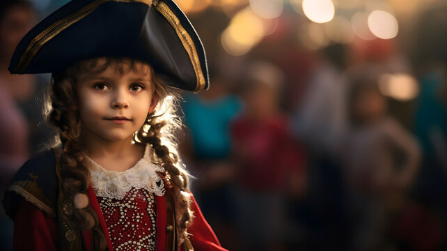 little girl in a pirate costume for a birthday party, pirate kid, children in costume, halloween costume party, tricorn hat, historical costume, young pirate, kid pirate