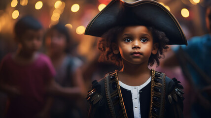 little black boy in a pirate costume for a birthday party, pirate kid, children in costume,...