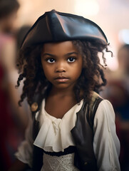 black little girl in a pirate costume on a ship, pirate kid, children in costume, halloween costume...