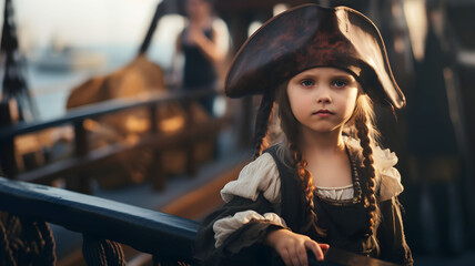 Pretty little girl in a pirate ship, on pirate costume for a birthday party, pirate kid, children...