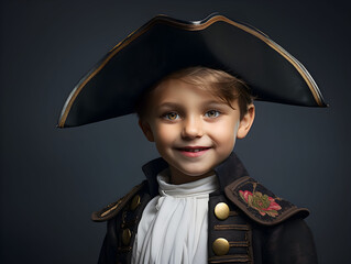 Young boy dressed as a pirate with a pirate hat, pirate captain costume, for a historical party,...