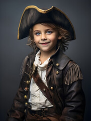 studio portrait of a young boy dressed as a pirate with a pirate hat, pirate captain costume, for a...