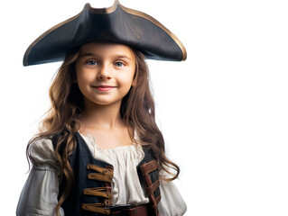 studio portrait of a young girl dressed as a pirate with a pirate hat, pirate captain costume, for...