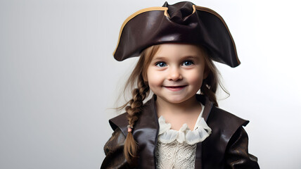 Obraz premium studio portrait of a young girl dressed as a pirate with a pirate hat, pirate captain costume, for a historical party, disguised, on a white background, happy child, smiling kid, pirate themed event