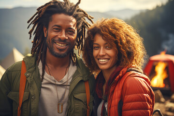 Happy African American couple in the mountains against the backdrop of a tent camp. Young international family is engaged in a mountain hike. Active lifestyle, tourism and vacation concept.