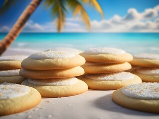 Coconut cookies on a paradise island, beach with palm trees in the background, organic cookies in front of nature picture