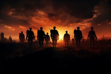 Fototapeta na wymiar Dusks Defenders Soldiers silhouettes against the mesmerizing sunset backdrop