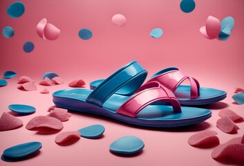 Blue and pink flops on a pink background