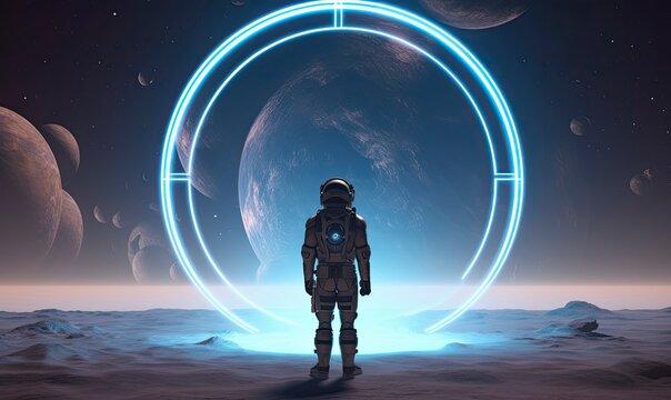 Astronaut in front of dimensional portal.