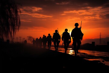 Fototapeta na wymiar Evening light highlights soldiers silhouettes in Sunsets Sentinels