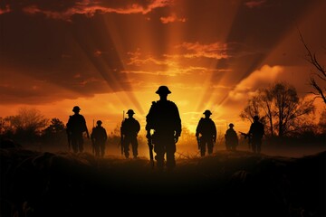 Field at sunset, soldiers silhouettes, a tribute to service and sacrifice - obrazy, fototapety, plakaty