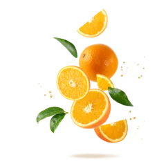 Fotobehang Fresh orange fruit whole and slices with leaves and drops falling flying © BarTa