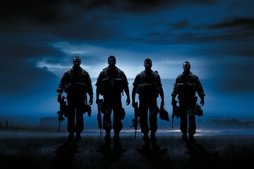 Four military comrades silhouettes project strength and synchronized resolve