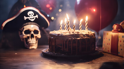 Chocolate birthday cake with candles and pirate decoration, birthday party for children with skull...