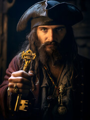 Pirate in a ship holding treasure key, young handsome man dressed-up as a pirate for a costume...