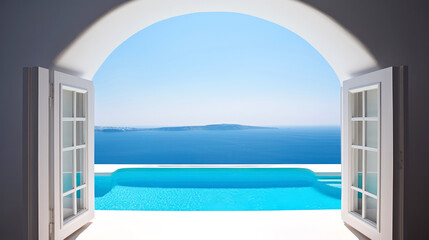 Fototapeta premium View from luxury villa with pool , sea , greek island , santorini