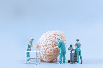 Miniature Doctor checking and analysis brain model on white background, Science and medicine concept