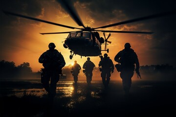 Helicopter backdrop accentuates the determination of soldiers powerful silhouettes