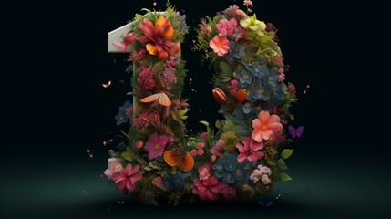Inventive design with bright flowers, foliage, and the number one. Concept of an anniversary.Lay flat.