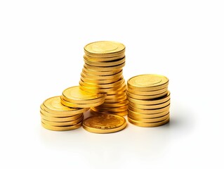Stack of gold coins, money, golden, currency, pile of money, on a white background, euros, dollars,...