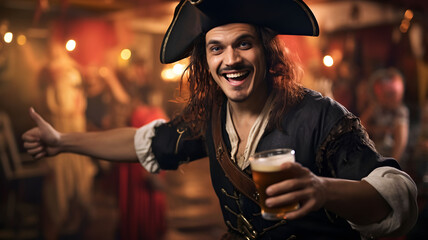 Naklejka premium Man in a pirate costume drinking a beer at a bar, costume party, pirate costume, halloween costume, pirate party, pirate themed event, birthday, costume party