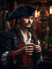 Man in a pirate costume drinking a beer at a bar, costume party, pirate costume, halloween costume,...