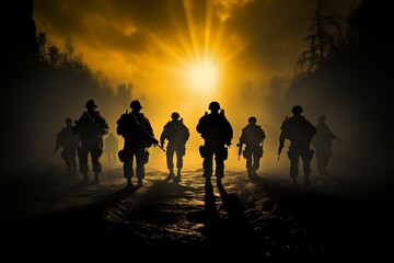 Fototapeta premium In Blackened Silhouettes, the silent valor of army soldiers emerges