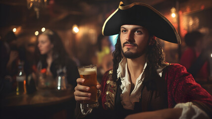 Man in a pirate costume drinking a beer at a bar, costume party, pirate costume, halloween costume,...