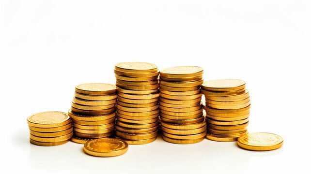 Stack of gold coins, money, golden, currency, pile of money, on a white background, euros, dollars, investment, investing, winning money, pirate treasure, 