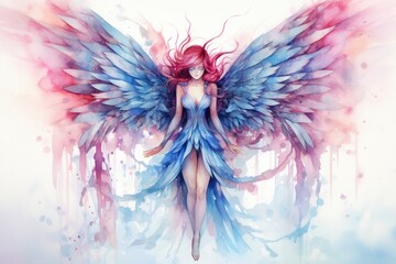 Beautiful magic watercolor blue pink wings girl.