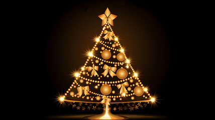 Golden Christmas Tree logo make by Baubles,ball,gold ribbon and glitter star in black background