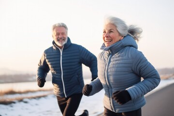 full body senior woman and man running outdoors in winter park - obrazy, fototapety, plakaty