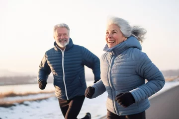 Deurstickers full body senior woman and man running outdoors in winter park © mariyana_117