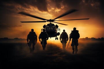 In the helicopters shadow, soldiers silhouettes emerge as symbols of strength