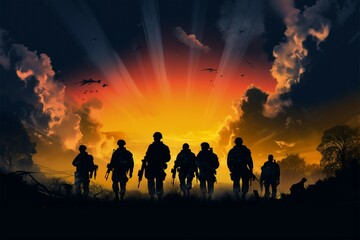 Obraz na płótnie Canvas In The Quiet Warriors, soldiers silhouettes embody unwavering combat spirit