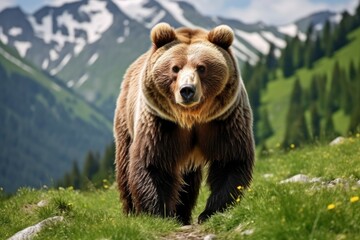 Obraz premium Brown bear moving on the green meadow in springtime nature.