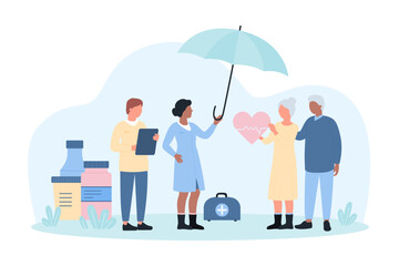 Life and health insurance for senior citizens vector illustration. Cartoon tiny people holding umbrella to care and protect couple of elderly people, safety and medical support for old patients