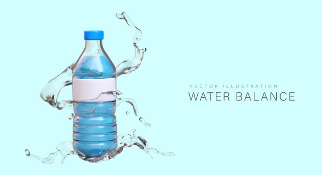 Concept of water balance. Plastic bottle of transparent water, realistic splashes around. Cleanliness, freshness, cooling. Vector banner for advertising in social networks, online