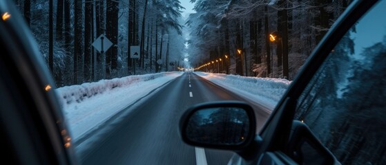 The white winter road is reflected in the car's rear-view mirror