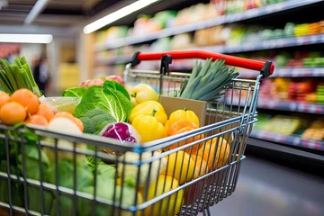 Fotobehang Close up of full shopping cart in grocery store. © MDBILLAL