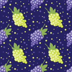 Bunch of blue and green grape set seamless pattern on colorful background. Vector illustration.