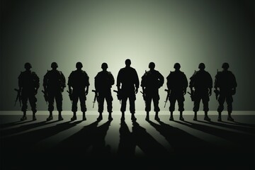 Minimalist side silhouette depicts the shadow of disciplined army soldiers