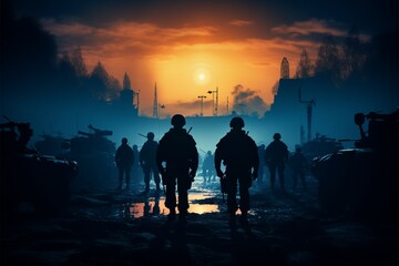 Fototapeta premium NATO soldiers silhouettes juxtaposed with advanced military equipment in formation