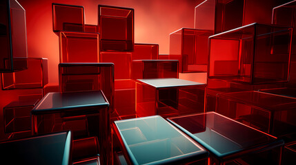 abstract Red background with glass squares and elements 