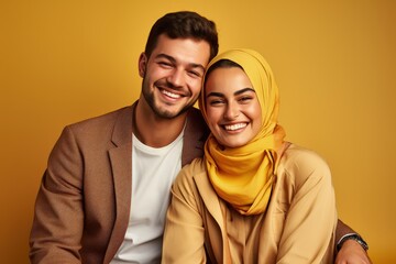 Fototapeta premium Cheerful Arab Young Spouses Embracing While