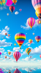 Hot air balloons flying high in sky at sunset. 3d rendering