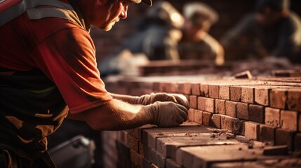 Fototapeta premium Close up of bricklayer building walls