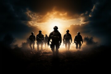 Fototapeta na wymiar Photorealistic portrayal of a soldier teams silhouette, an astounding masterpiece