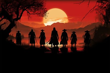 Seven silhouetted samurai, a formidable force beneath the rising sun