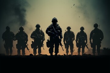 Fototapeta na wymiar Shadowed army soldiers portrayed with a minimalist side silhouette effect